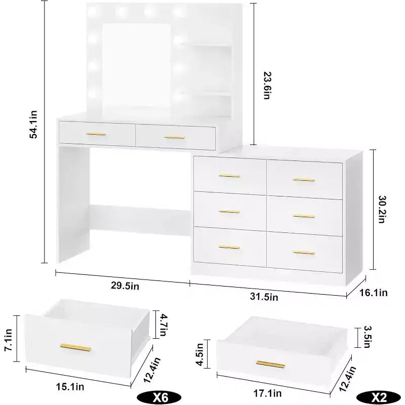 61 Make up Vanity Desk with Mirror and Lights, Vanity with 8 Wide Storage Drawers & 3 Lighting Modes with Adjustable Brightness for Bedroom