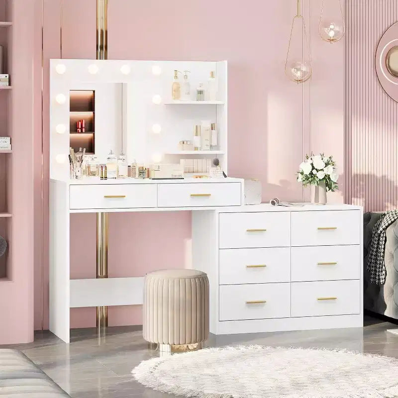 61 Make up Vanity Desk with Mirror and Lights, Vanity with 8 Wide Storage Drawers & 3 Lighting Modes with Adjustable Brightness for Bedroom