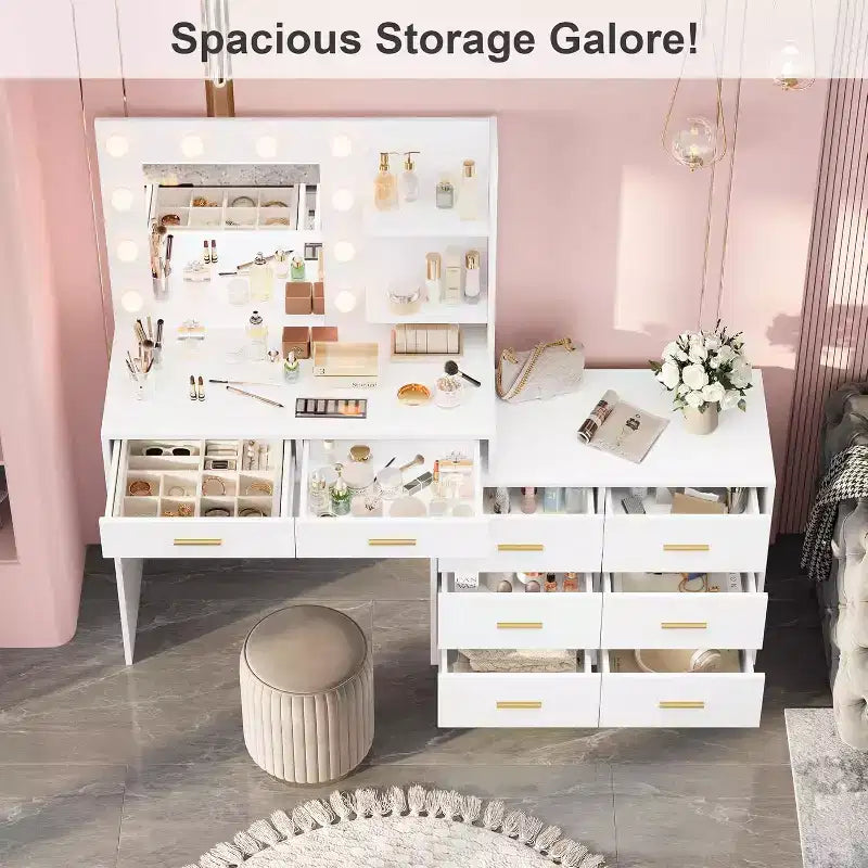 61 Make up Vanity Desk with Mirror and Lights, Vanity with 8 Wide Storage Drawers & 3 Lighting Modes with Adjustable Brightness for Bedroom