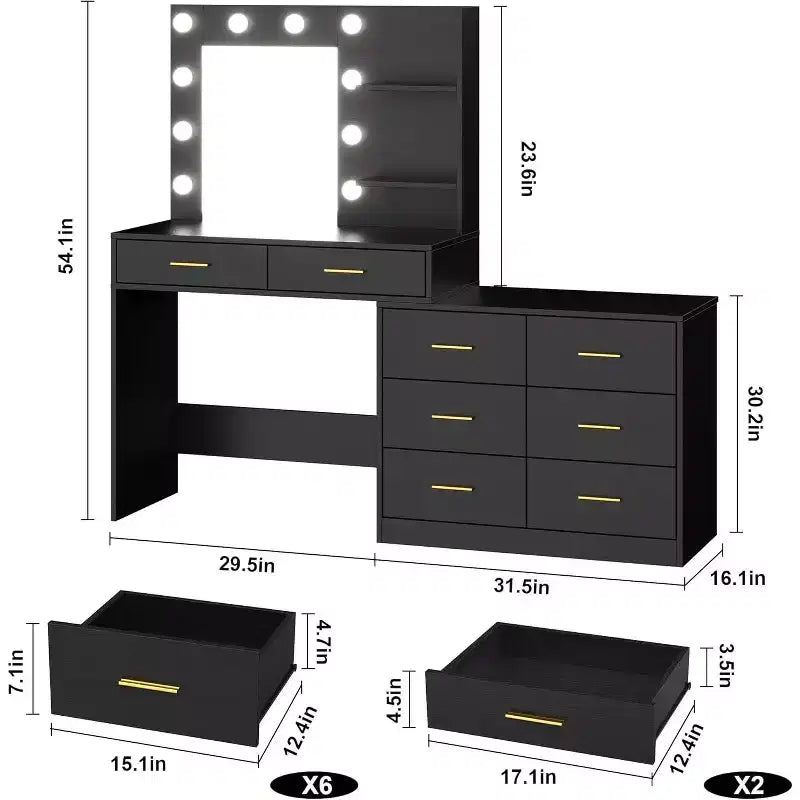61 Make up Vanity Desk with Mirror and Lights, Vanity with 8 Wide Storage Drawers & 3 Lighting Modes with Adjustable Brightness for Bedroom