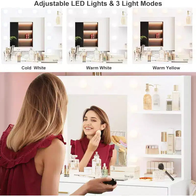 61 Make up Vanity Desk with Mirror and Lights, Vanity with 8 Wide Storage Drawers & 3 Lighting Modes with Adjustable Brightness for Bedroom