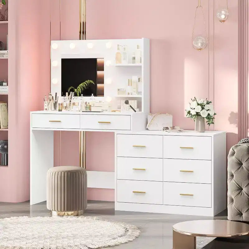 61 Make up Vanity Desk with Mirror and Lights, Vanity with 8 Wide Storage Drawers & 3 Lighting Modes with Adjustable Brightness for Bedroom