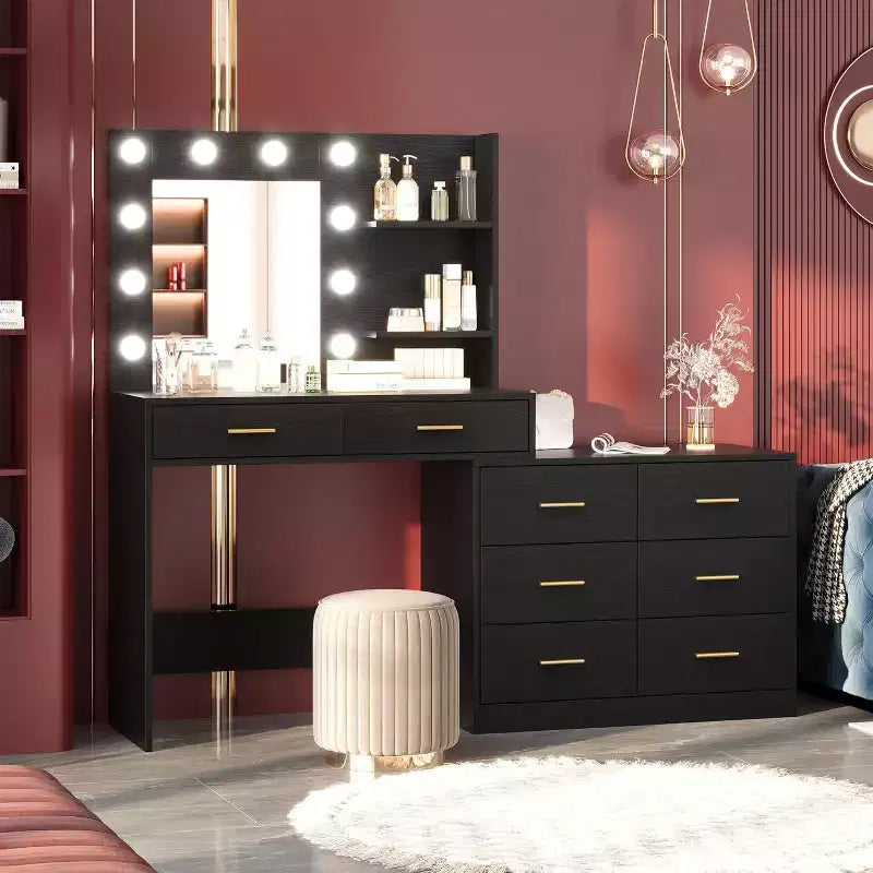 61 Make up Vanity Desk with Mirror and Lights, Vanity with 8 Wide Storage Drawers & 3 Lighting Modes with Adjustable Brightness for Bedroom