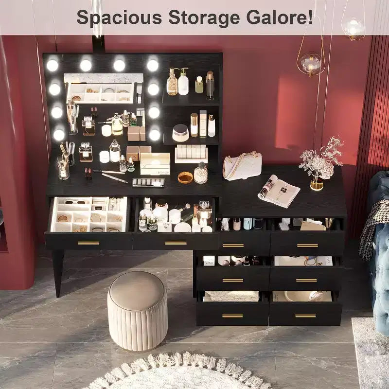 61 Make up Vanity Desk with Mirror and Lights, Vanity with 8 Wide Storage Drawers & 3 Lighting Modes with Adjustable Brightness for Bedroom