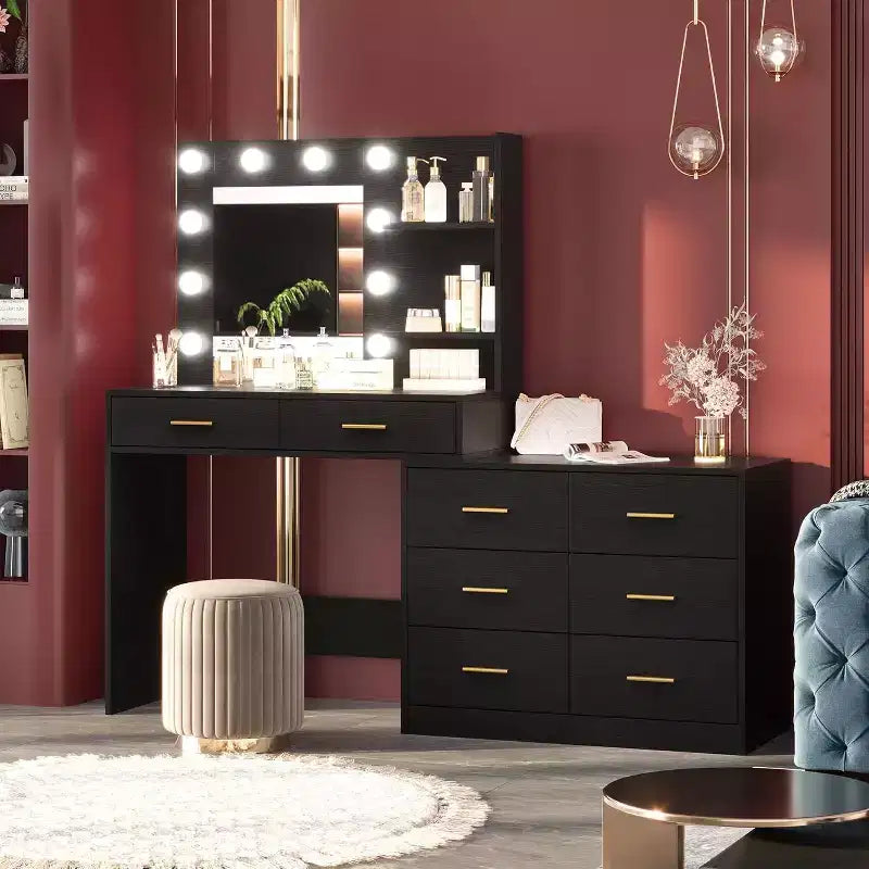61 Make up Vanity Desk with Mirror and Lights, Vanity with 8 Wide Storage Drawers & 3 Lighting Modes with Adjustable Brightness for Bedroom