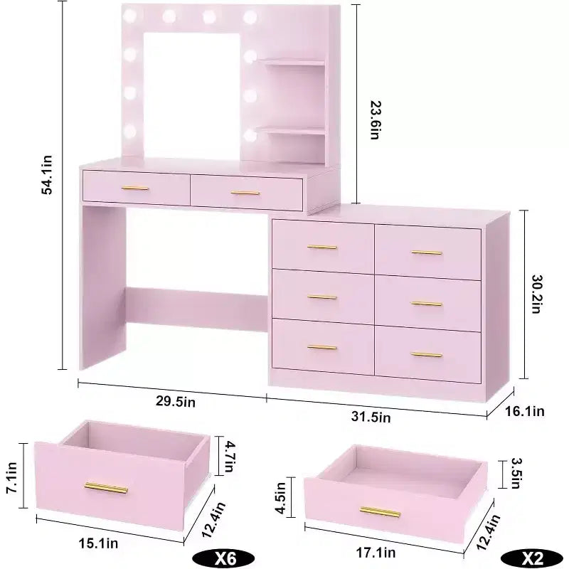 61 Make up Vanity Desk with Mirror and Lights, Vanity with 8 Wide Storage Drawers & 3 Lighting Modes with Adjustable Brightness for Bedroom