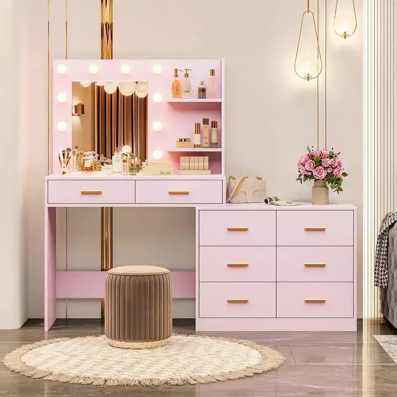 61 Make up Vanity Desk with Mirror and Lights, Vanity with 8 Wide Storage Drawers & 3 Lighting Modes with Adjustable Brightness for Bedroom