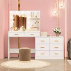 61 Make up Vanity Desk with Mirror and Lights, Vanity with 8 Wide Storage Drawers & 3 Lighting Modes with Adjustable Brightness for Bedroom