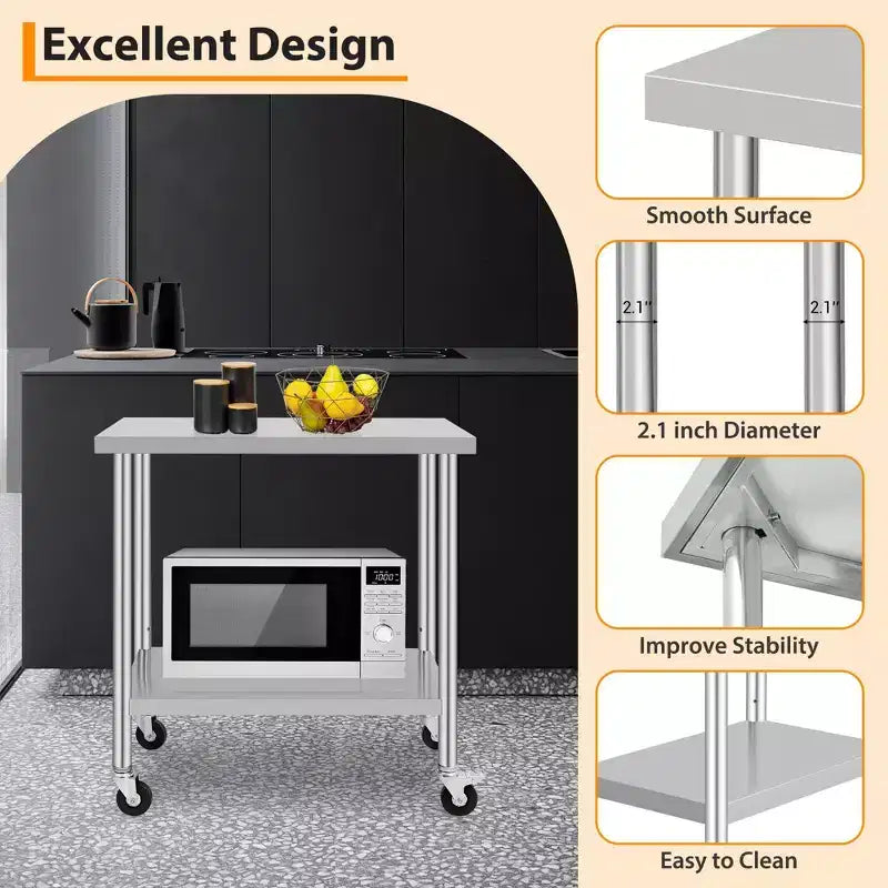 Stainless Steel Work Table w/Casters - Commercial Prep Table w/Adjustable Shelf, 300lb Capacity