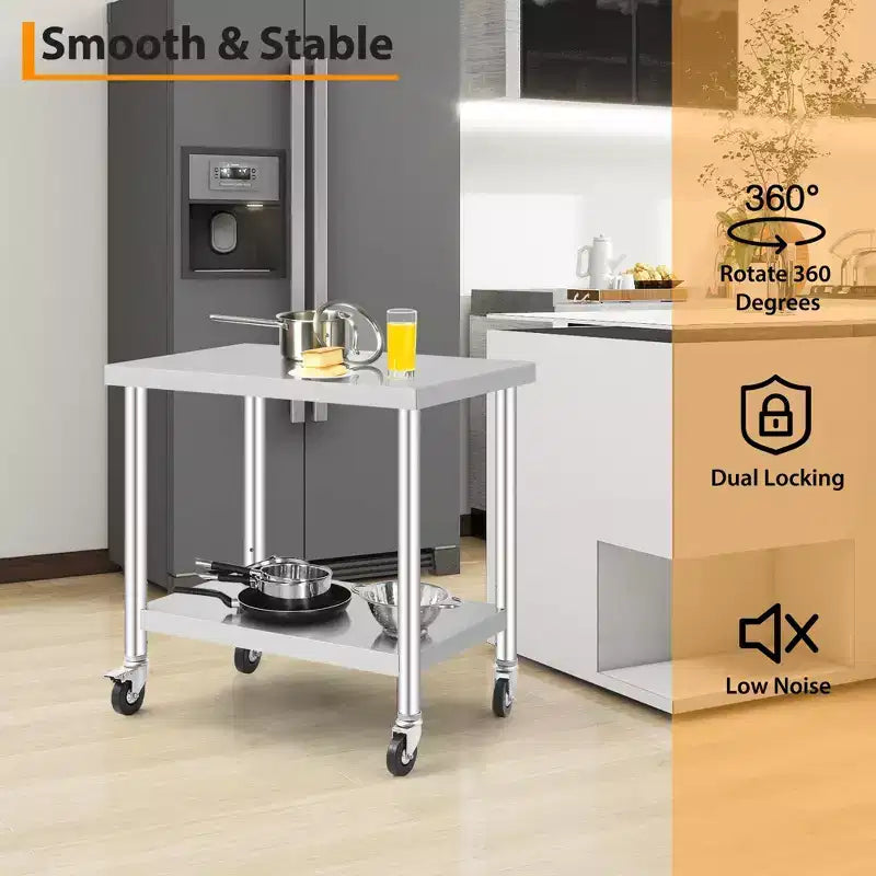 Stainless Steel Work Table w/Casters - Commercial Prep Table w/Adjustable Shelf, 300lb Capacity