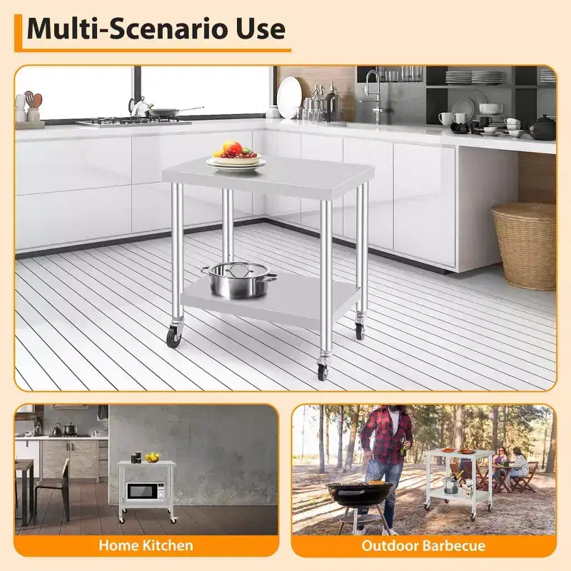 Stainless Steel Work Table w/Casters - Commercial Prep Table w/Adjustable Shelf, 300lb Capacity