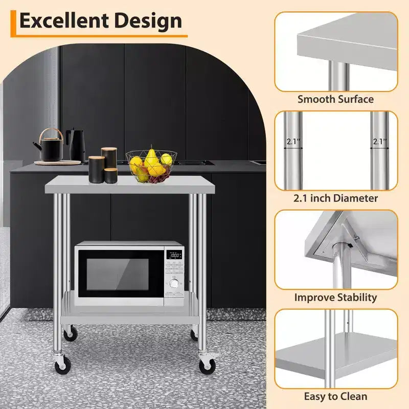 Stainless Steel Work Table w/Casters - Commercial Prep Table w/Adjustable Shelf, 300lb Capacity