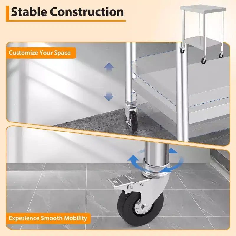 Stainless Steel Work Table w/Casters - Commercial Prep Table w/Adjustable Shelf, 300lb Capacity