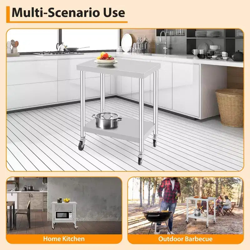 Stainless Steel Work Table w/Casters - Commercial Prep Table w/Adjustable Shelf, 300lb Capacity