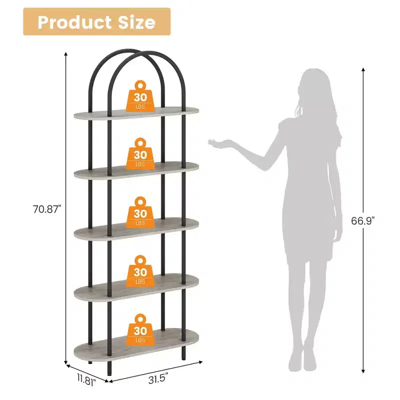 Bookshelf for Living Room - 71 Arched 5-Tier Bookcase with Metal Frame, Freestanding Storage Shelf for Bedroom, Office