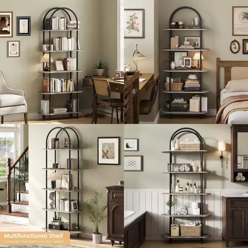 Bookshelf for Living Room - 71 Arched 5-Tier Bookcase with Metal Frame, Freestanding Storage Shelf for Bedroom, Office