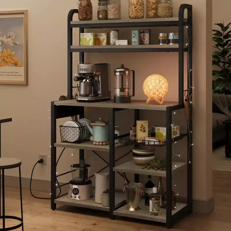 Industrial Kitchen Bakers Rack with Power Outlet - 6-Tier Space-Saving Microwave Stand