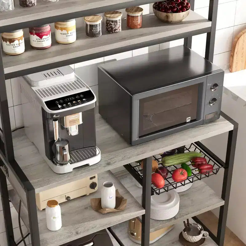 Industrial Kitchen Bakers Rack with Power Outlet - 6-Tier Space-Saving Microwave Stand