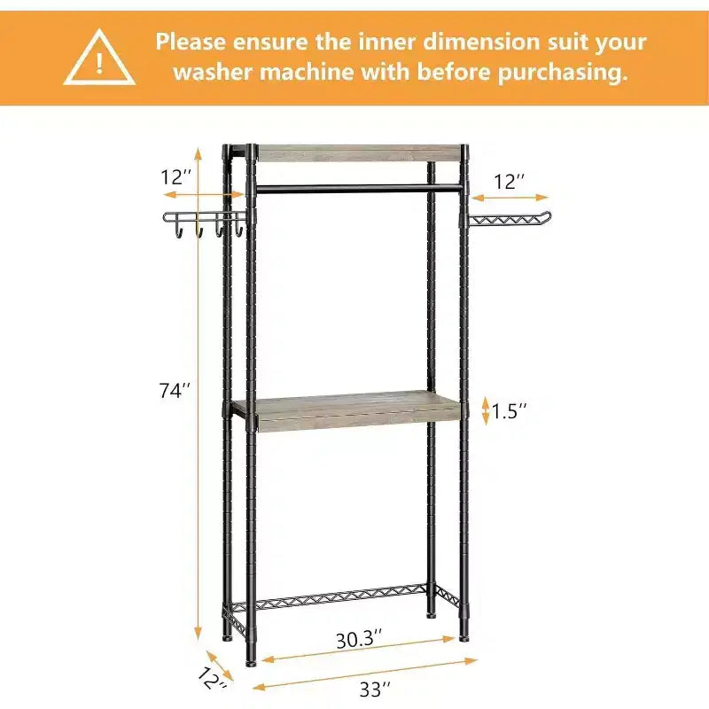 Adjustable Laundry Organizer - 4-Tier Storage Shelf with Drying Hooks (Gray/Black)