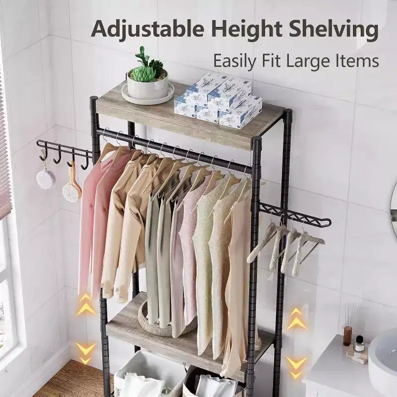 Adjustable Laundry Organizer - 4-Tier Storage Shelf with Drying Hooks (Gray/Black)