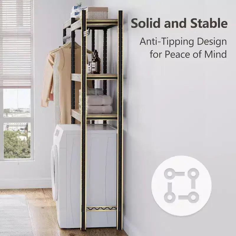 Adjustable Laundry Organizer - 4-Tier Storage Shelf with Drying Hooks (Gray/Black)