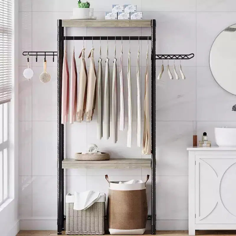 Adjustable Laundry Organizer - 4-Tier Storage Shelf with Drying Hooks (Gray/Black)