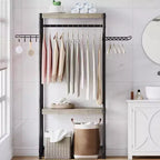 Adjustable Laundry Organizer - 4-Tier Storage Shelf with Drying Hooks (Gray/Black)