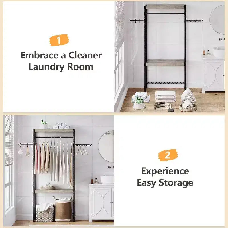 Adjustable Laundry Organizer - 4-Tier Storage Shelf with Drying Hooks (Gray/Black)