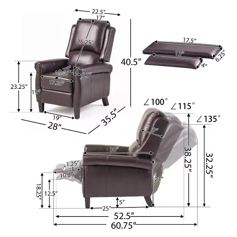Contemporary Upholstered Pushback Recliner with Birch Wood Legs