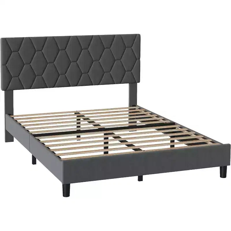 Upholstered Platform Bed - Queen Size with Headboard & Wood Slats