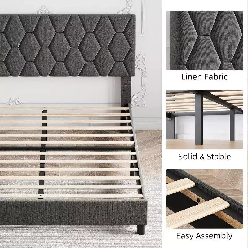 Upholstered Platform Bed - Queen Size with Headboard & Wood Slats