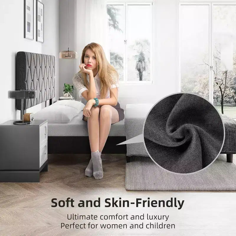 Upholstered Platform Bed - Queen Size with Headboard & Wood Slats