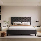 Upholstered Platform Bed - Queen Size with Headboard & Wood Slats