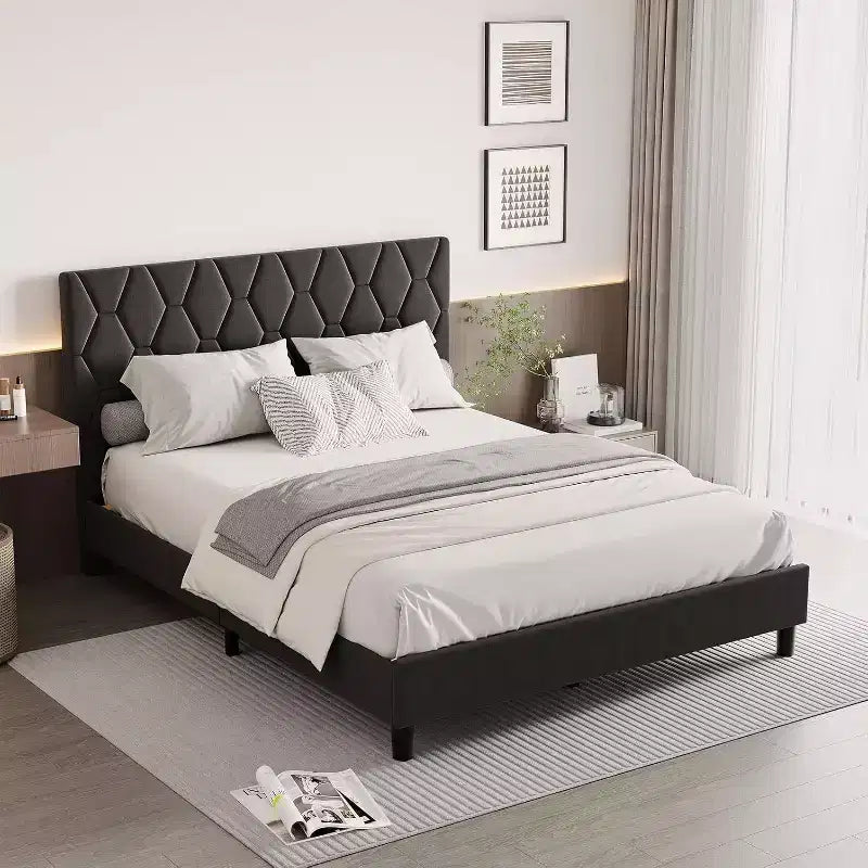 Upholstered Platform Bed - Queen Size with Headboard & Wood Slats