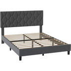 Upholstered Platform Bed - Queen Size with Headboard & Wood Slats
