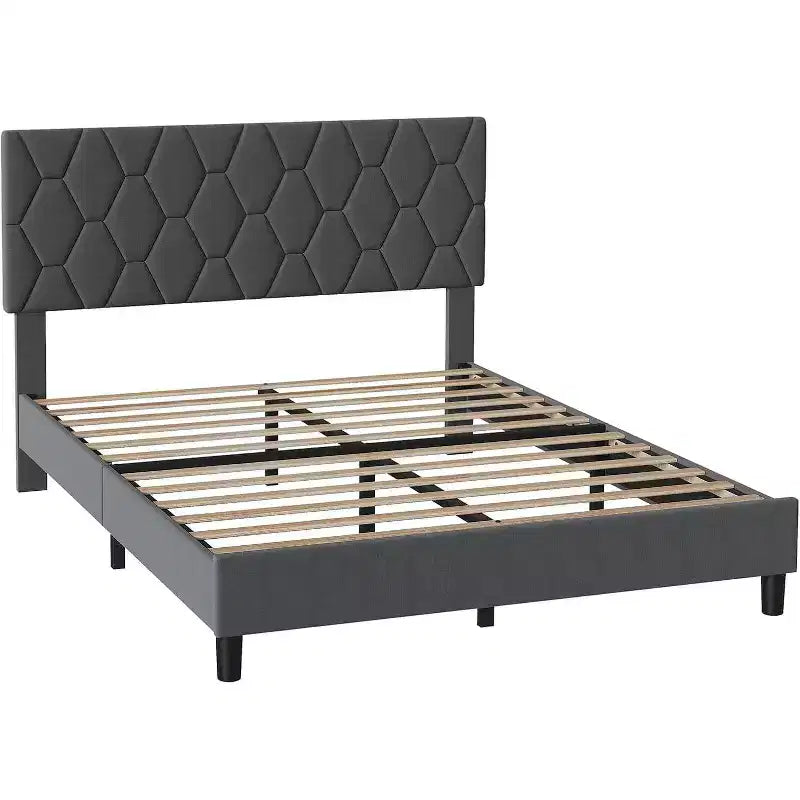 Upholstered Platform Bed - Queen Size with Headboard & Wood Slats