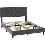 Upholstered Platform Bed - Queen Size with Headboard & Wood Slats