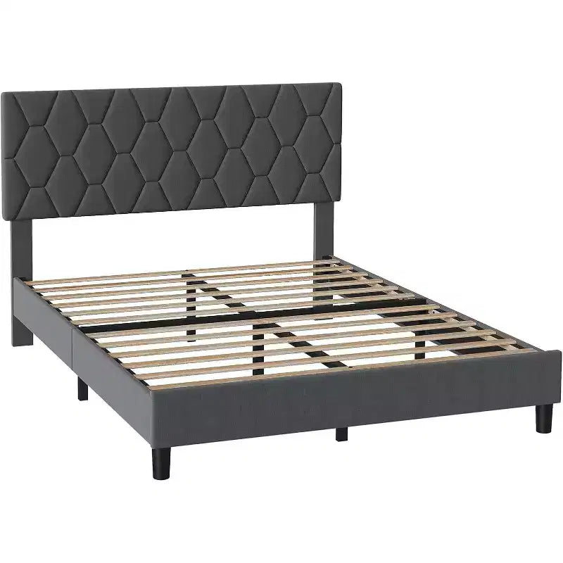 Upholstered Platform Bed - Queen Size with Headboard & Wood Slats