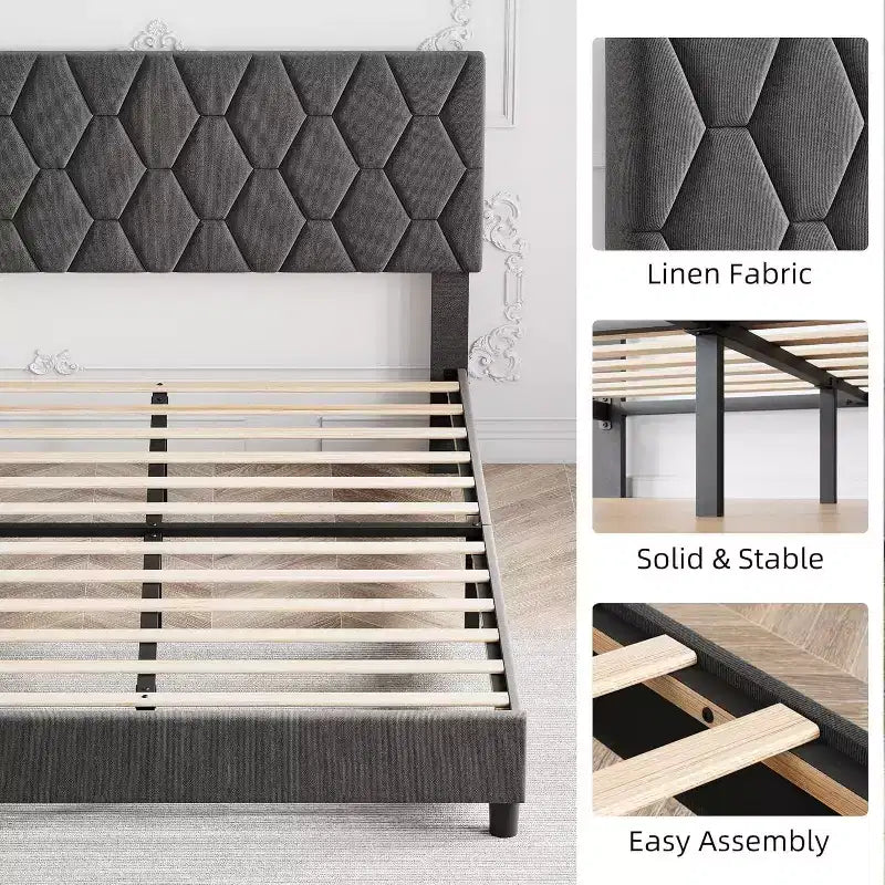 Upholstered Platform Bed - Queen Size with Headboard & Wood Slats