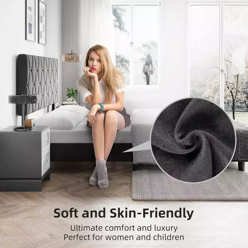 Upholstered Platform Bed - Queen Size with Headboard & Wood Slats