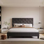 Upholstered Platform Bed - Queen Size with Headboard & Wood Slats