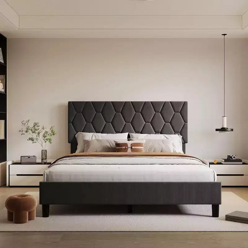 Upholstered Platform Bed - Queen Size with Headboard & Wood Slats