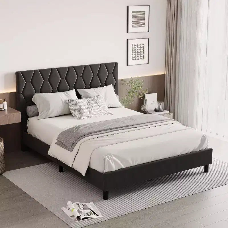 Upholstered Platform Bed - Queen Size with Headboard & Wood Slats
