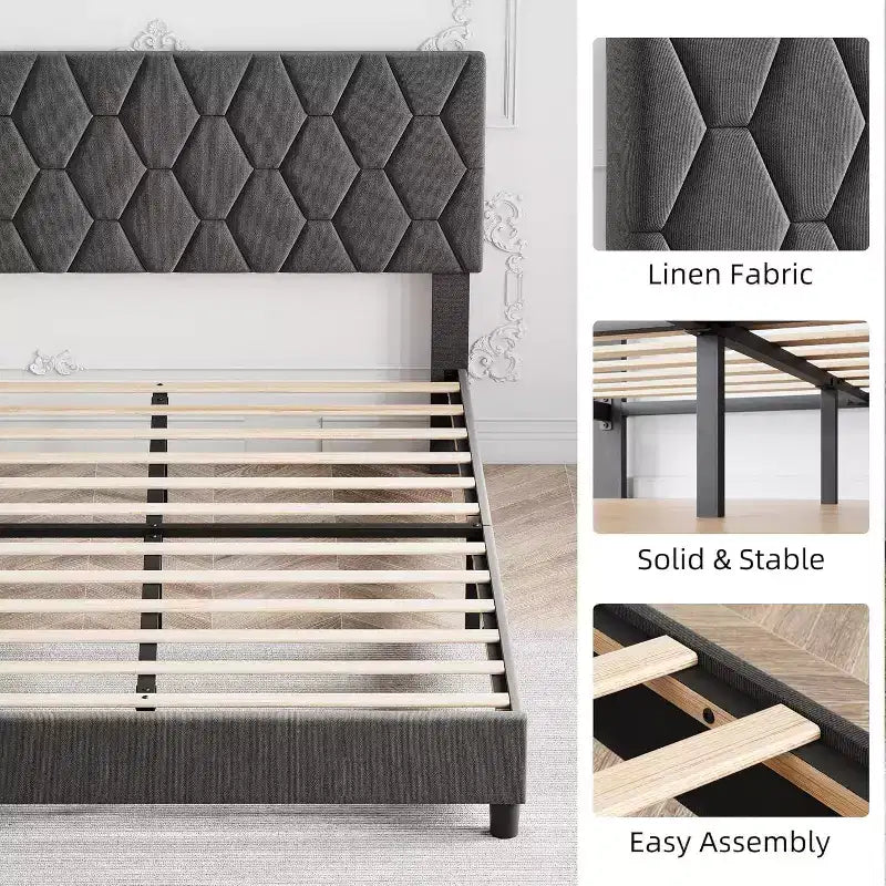 Upholstered Platform Bed - Queen Size with Headboard & Wood Slats