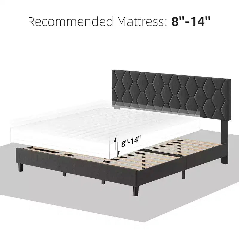 Upholstered Platform Bed - Queen Size with Headboard & Wood Slats