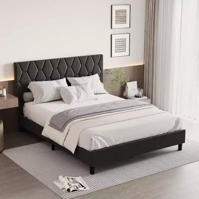 Upholstered Platform Bed - Queen Size with Headboard & Wood Slats