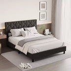 Upholstered Platform Bed - Queen Size with Headboard & Wood Slats