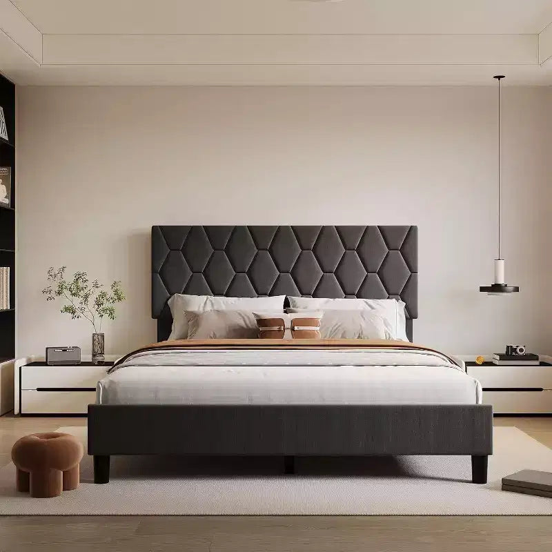 Upholstered Platform Bed - Queen Size with Headboard & Wood Slats