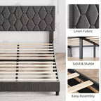 Upholstered Platform Bed - Queen Size with Headboard & Wood Slats