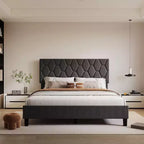 Upholstered Platform Bed - Queen Size with Headboard & Wood Slats